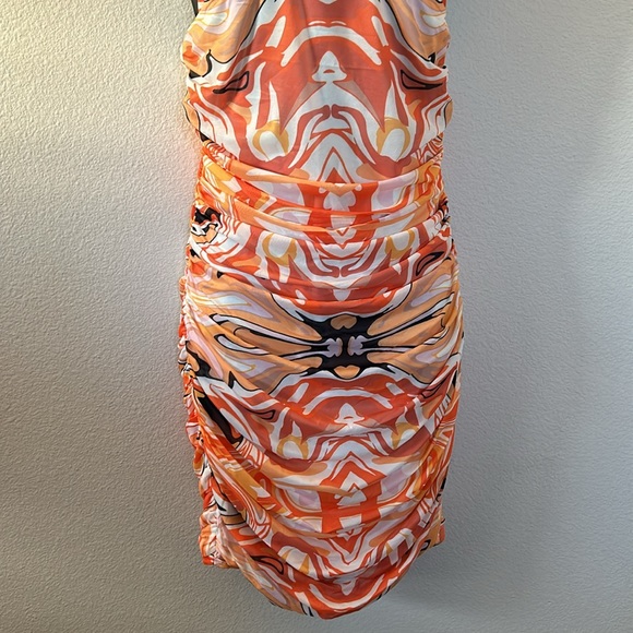 Princess Polly Viviana 70s Mod Swirly Print Cutout Halter Ruched Mini Dress - Picture 6 of 12